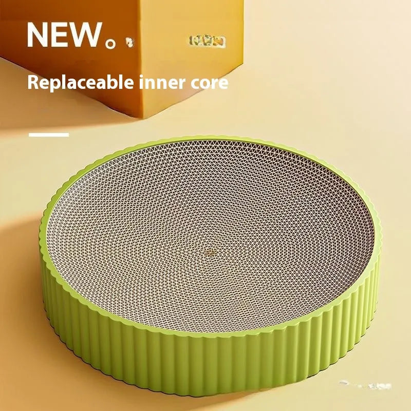 Round green and white corrugated paper cat scratching board with a 55 cm diameter.