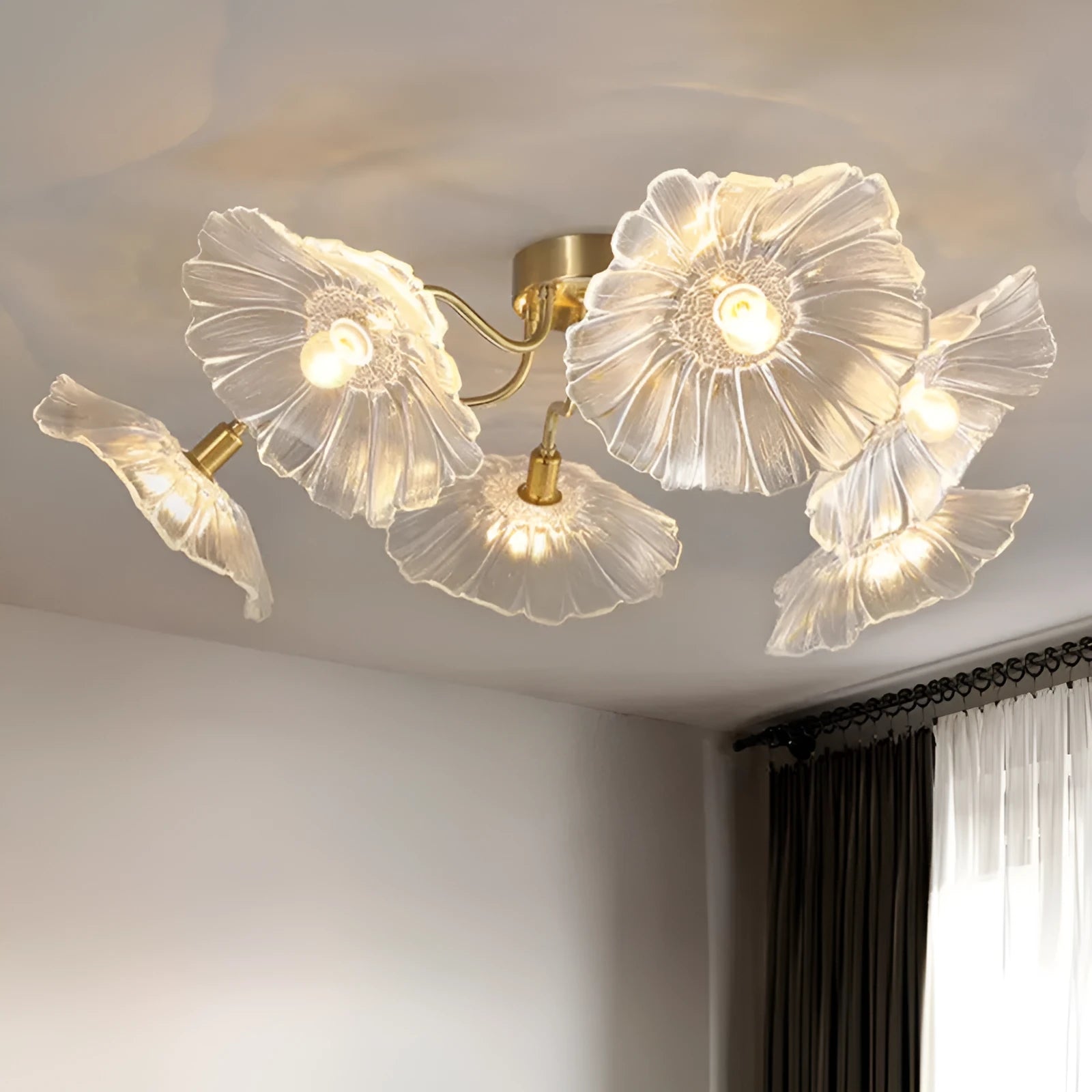 Modern white and purple floral design ceiling lamp with multiple flower heads for bedroom or hall.
