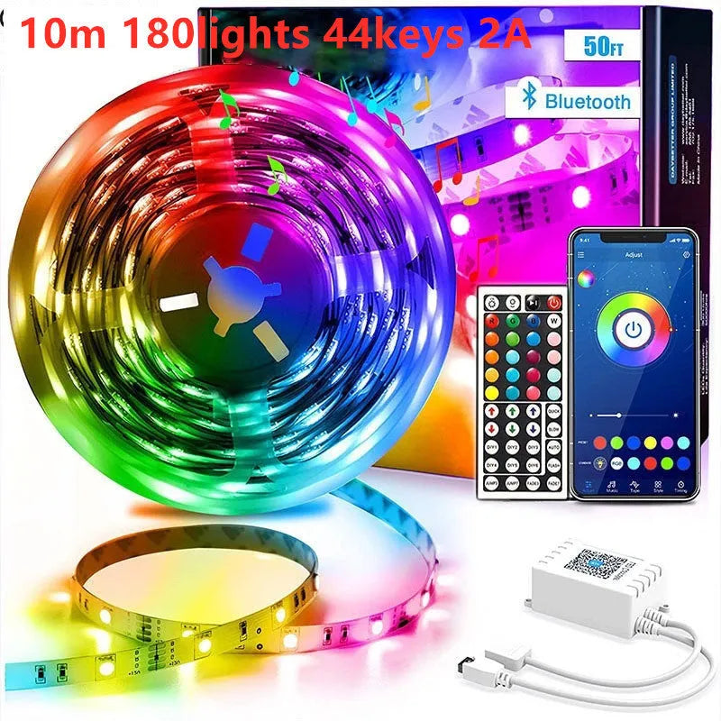 12V RGB LED light strip with Bluetooth remote on a white background.