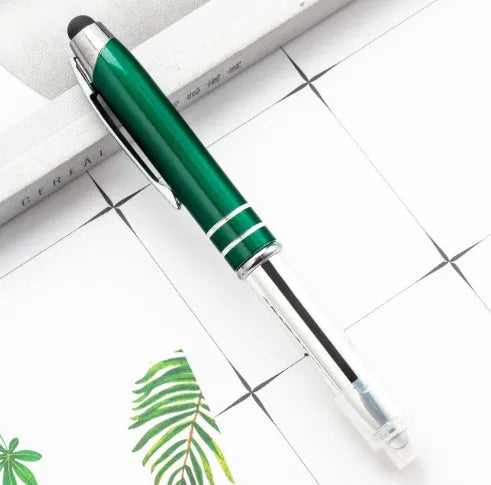 Multifunctional metal capacitive stylus and LED light ballpoint pen in red, black, white, green, or blue