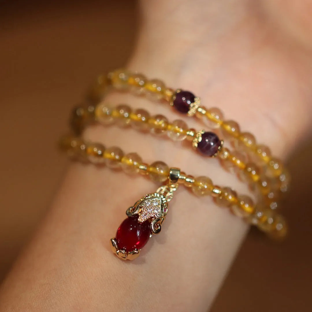 Natural Brazil gold rutilated quartz bracelet with three-circle pendant and Chinese style design