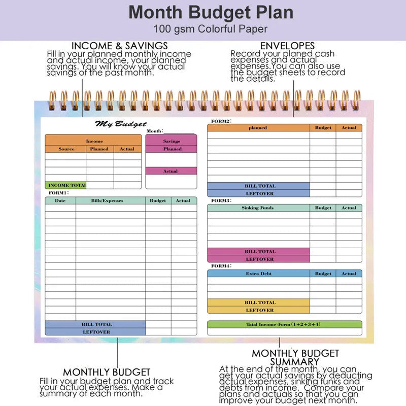 B5 budget tally notebook with a blue PP cover and spiral binding, open on a table.