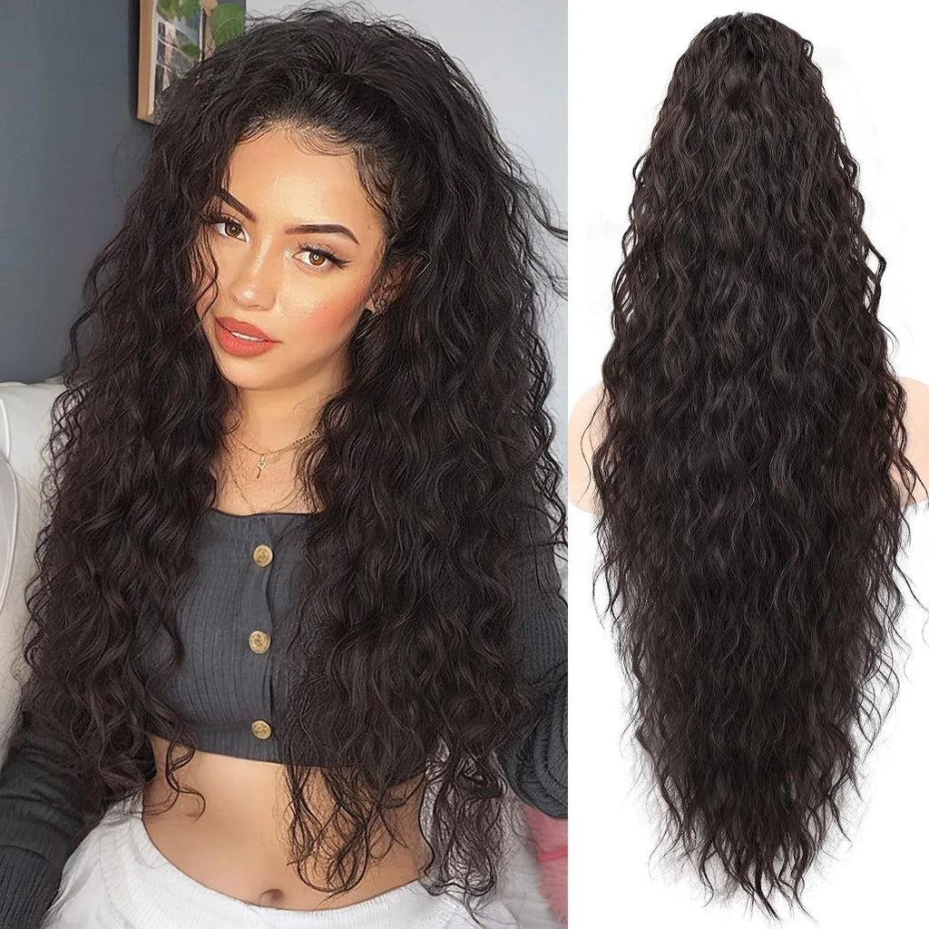 Long 30-inch curly ponytail wig in high temperature fibre for costume and cosplay.