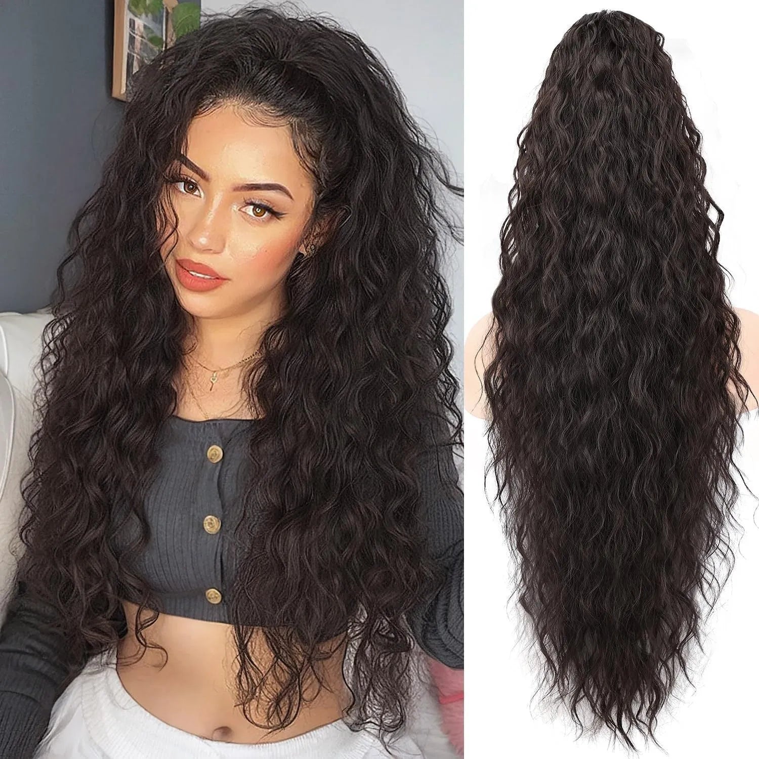 Long 30-inch curly ponytail wig in high temperature fibre for costume and cosplay.