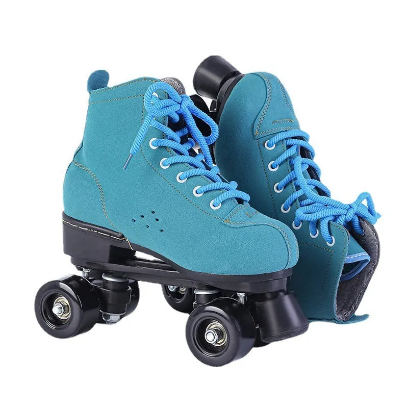 Blue leather roller skates with black double PU wheels and rubber sole