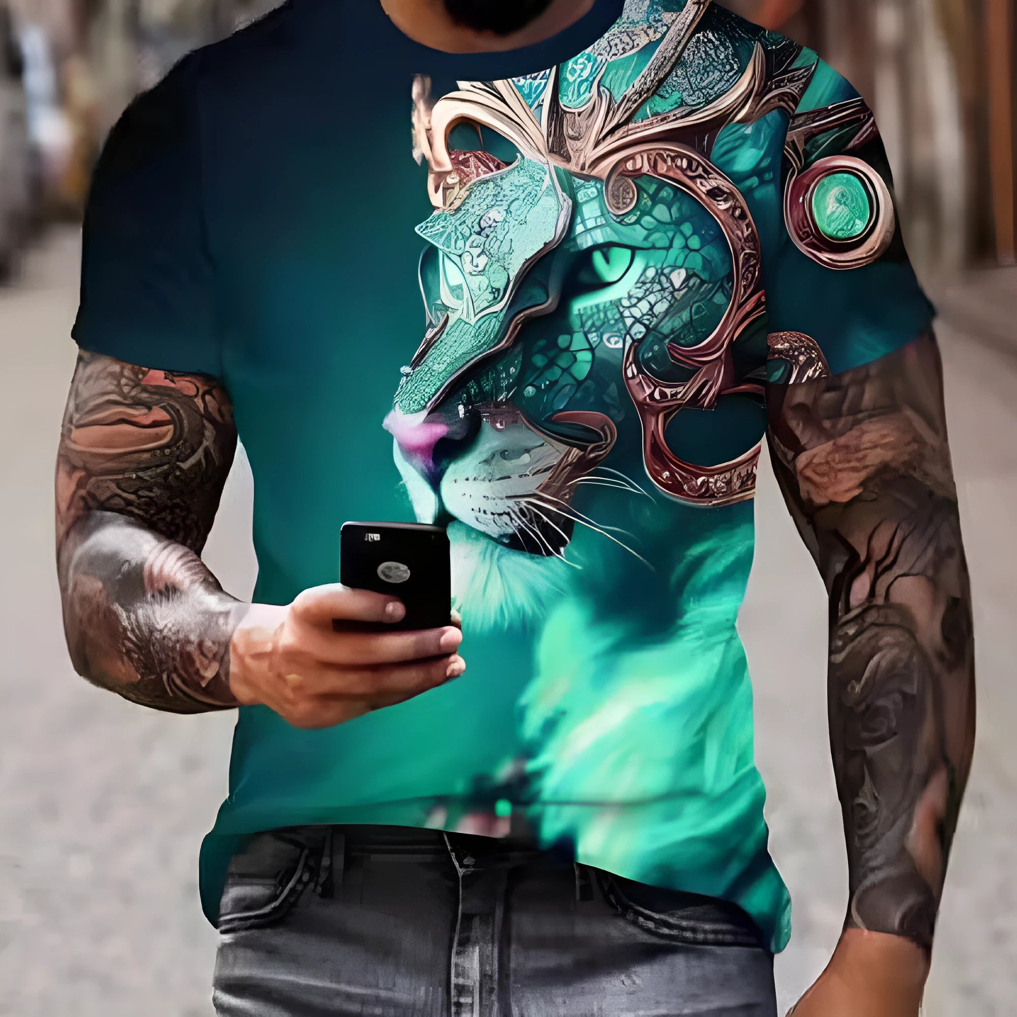 Men's black T-shirt with a large detailed fierce lion graphic print on the front