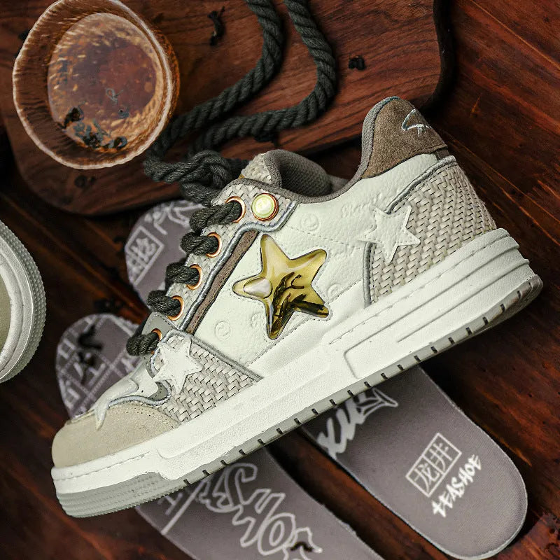 Unisex low-top cowhide leather platform running shoes in West Lake Dragon Well Tea colour with a round toe and lace-up front.