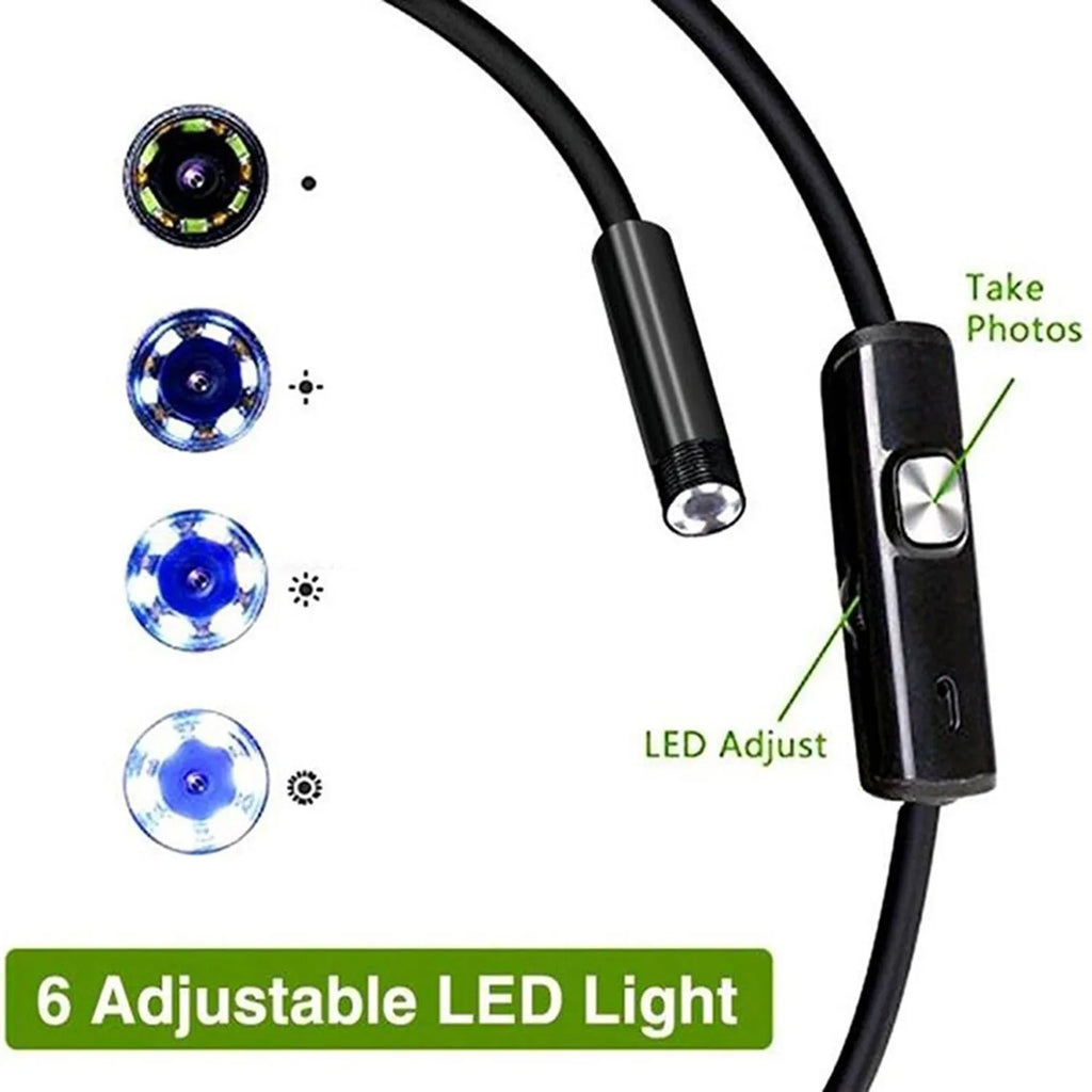 USB endoscope with flexible cable, camera head, magnet, hook, and side mirror attachments on a table.