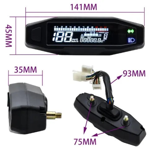 Black motorcycle mini speedometer LCD instrument with speed and oil gauge display.