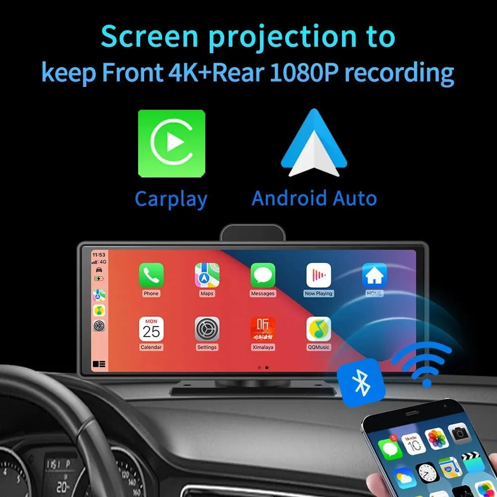 10.26-inch touch screen car DVR mounted on windscreen, showing split view of front road and rear camera footage.