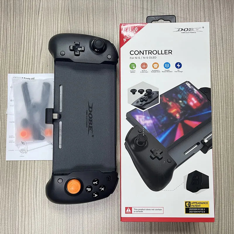 Black and white portable Nintendo Switch gamepad handle attached to console showing controls and Type-C port.