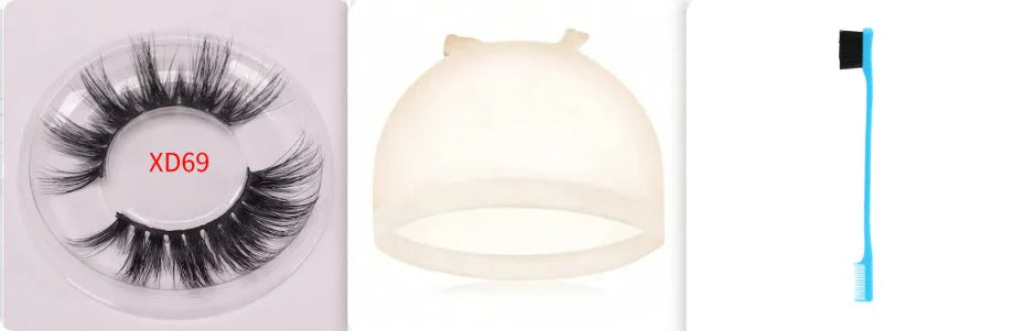 5D mink false eyelashes set with hair cap and double-headed brush on a white background.