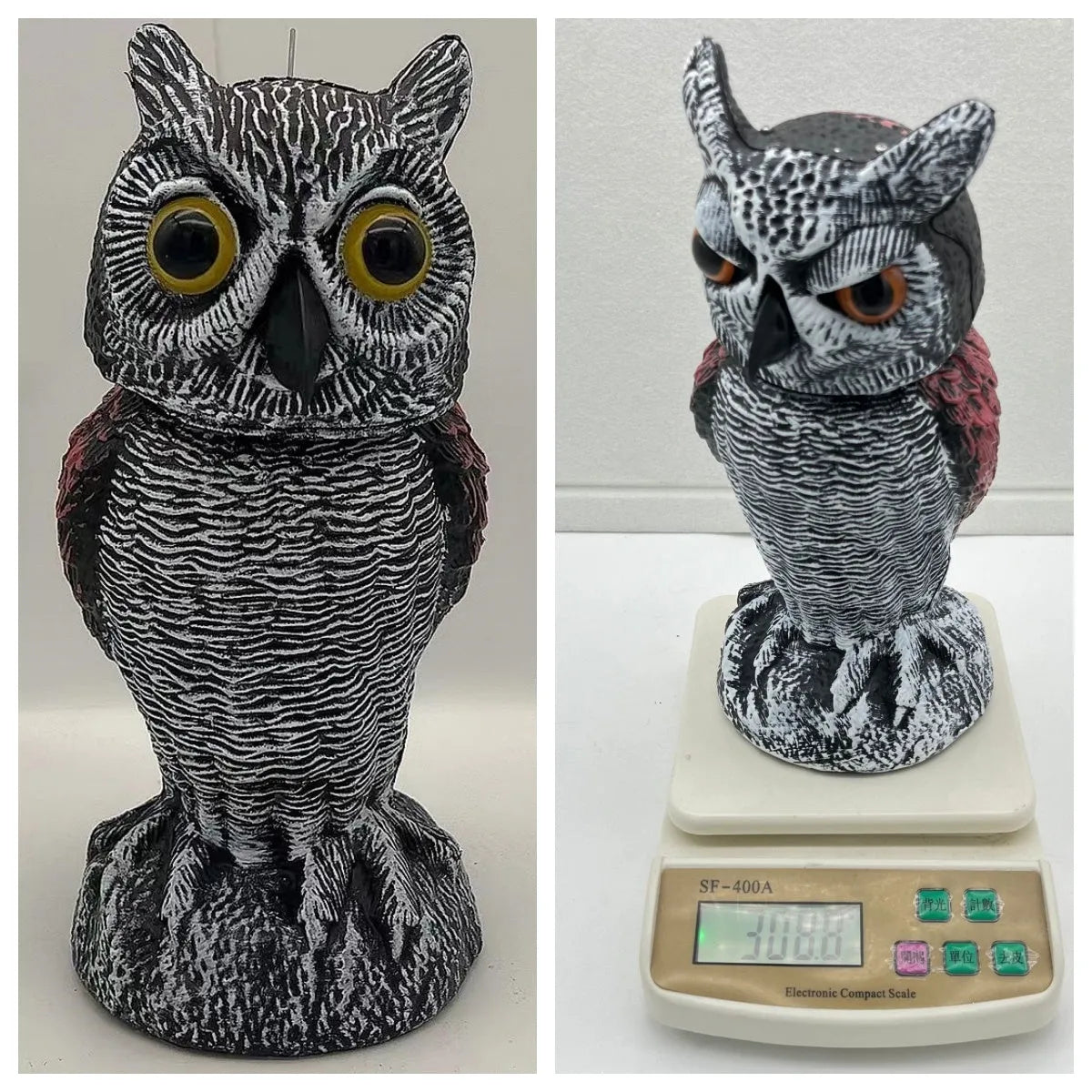 PE plastic artificial owl decoy with moving head, a bird scare ornament for outdoor use.
