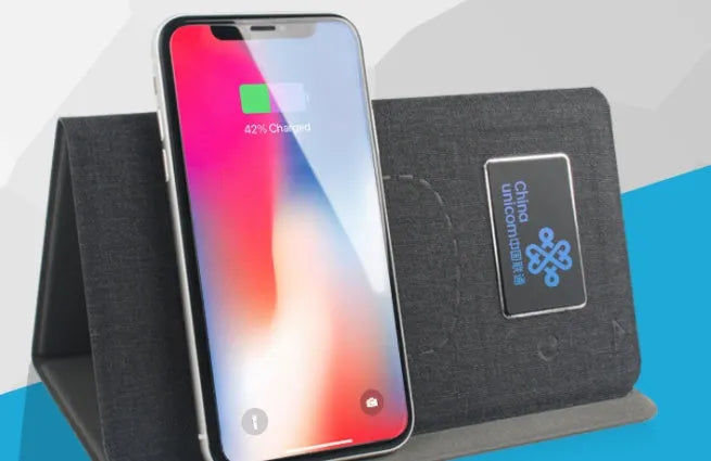 Grey folding cloth wireless charging mouse pad with luminous display and separate Bluetooth mouse