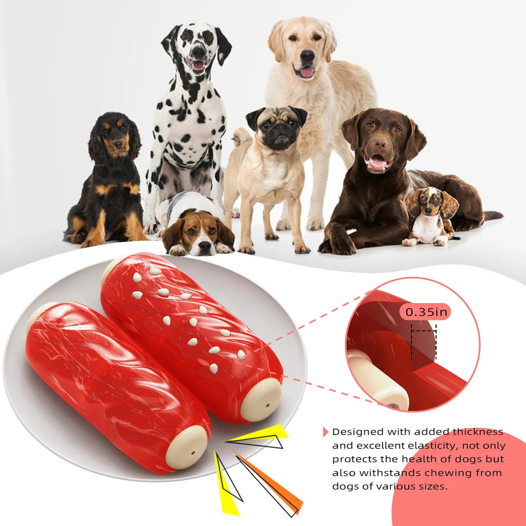 Primary coloured plastic dog chew toy shaped like a textured molar rod and toothbrush.