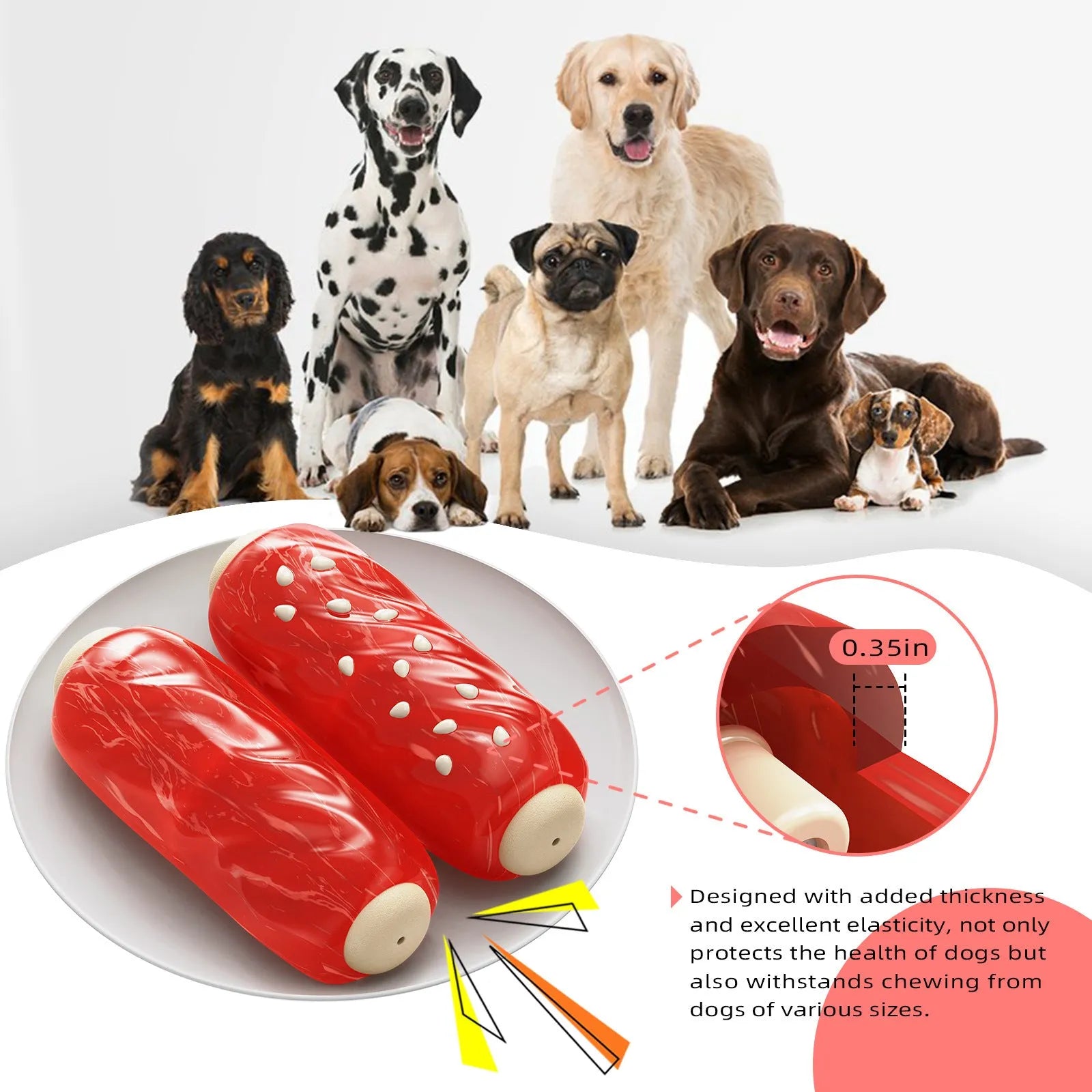Primary coloured plastic dog chew toy shaped like a textured molar rod and toothbrush.