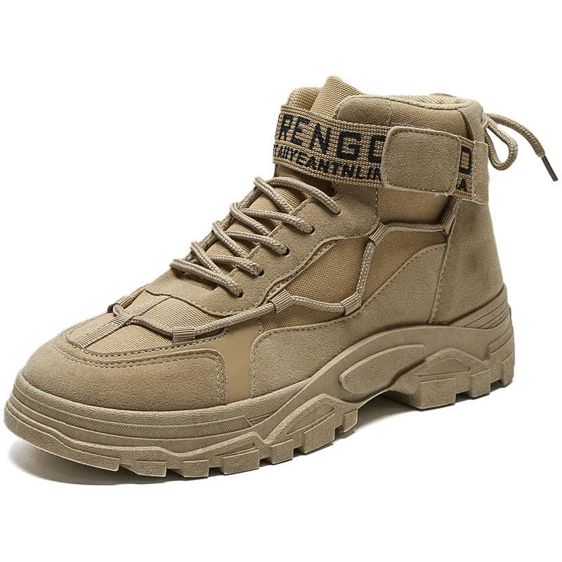Men's high-top platform boots in khaki artificial PU leather with lace-up design and thick sole