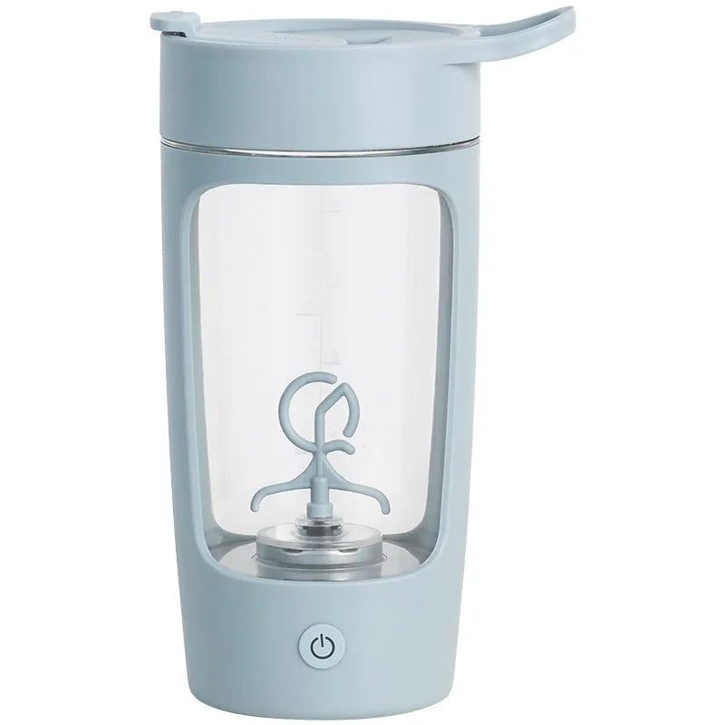 Portable automatic mixing cup in choice of colours, showing 650ml capacity and USB charging port.