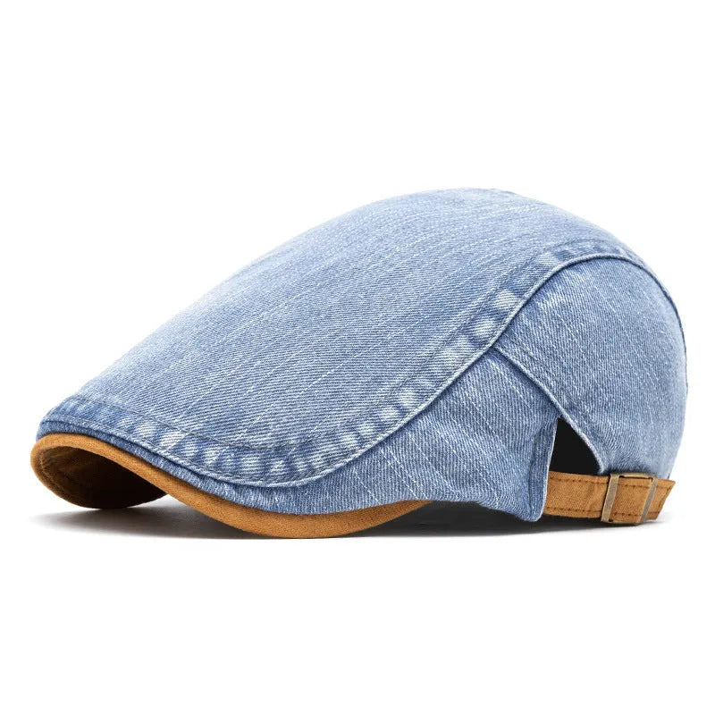 Men's washed-out denim contrast colour beret with flat top crown and adjustable cotton fit