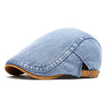 Men's washed-out denim contrast colour beret with flat top crown and adjustable cotton fit