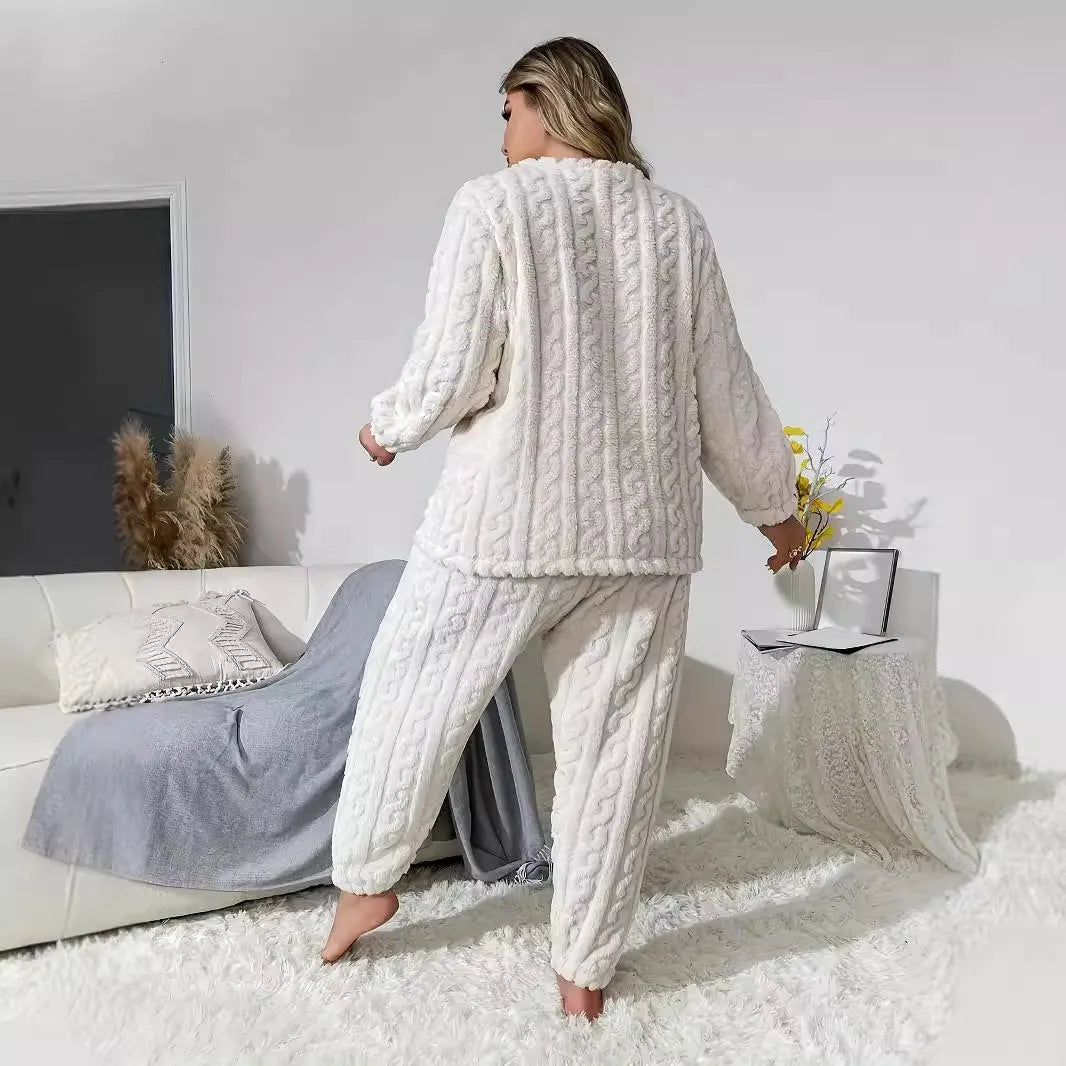 Women's creamy white plush two-piece casual set with crew neck top and trousers
