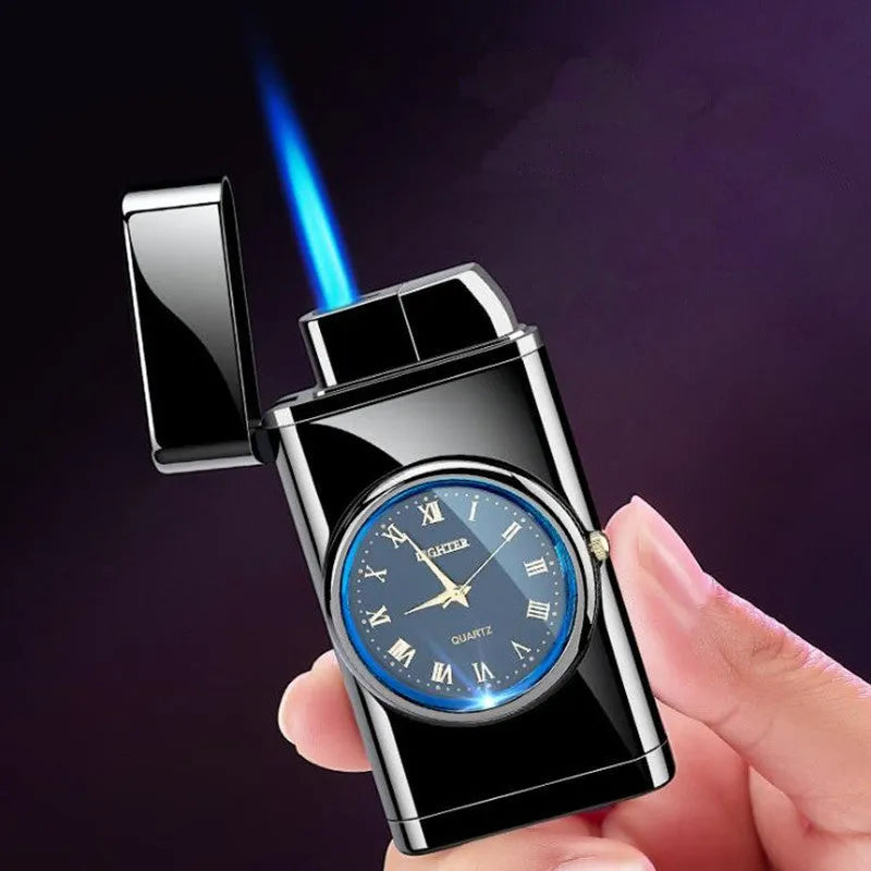 Electronic watch gas lighter with LED flash in black brushed metal finish.