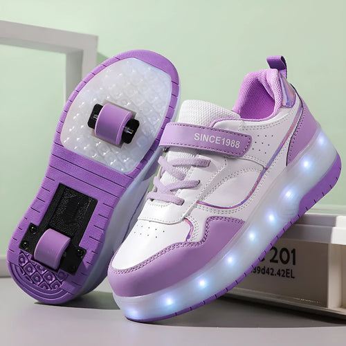 Children's rechargeable flashing roller skates with LED lights in pink, showing UK size markings