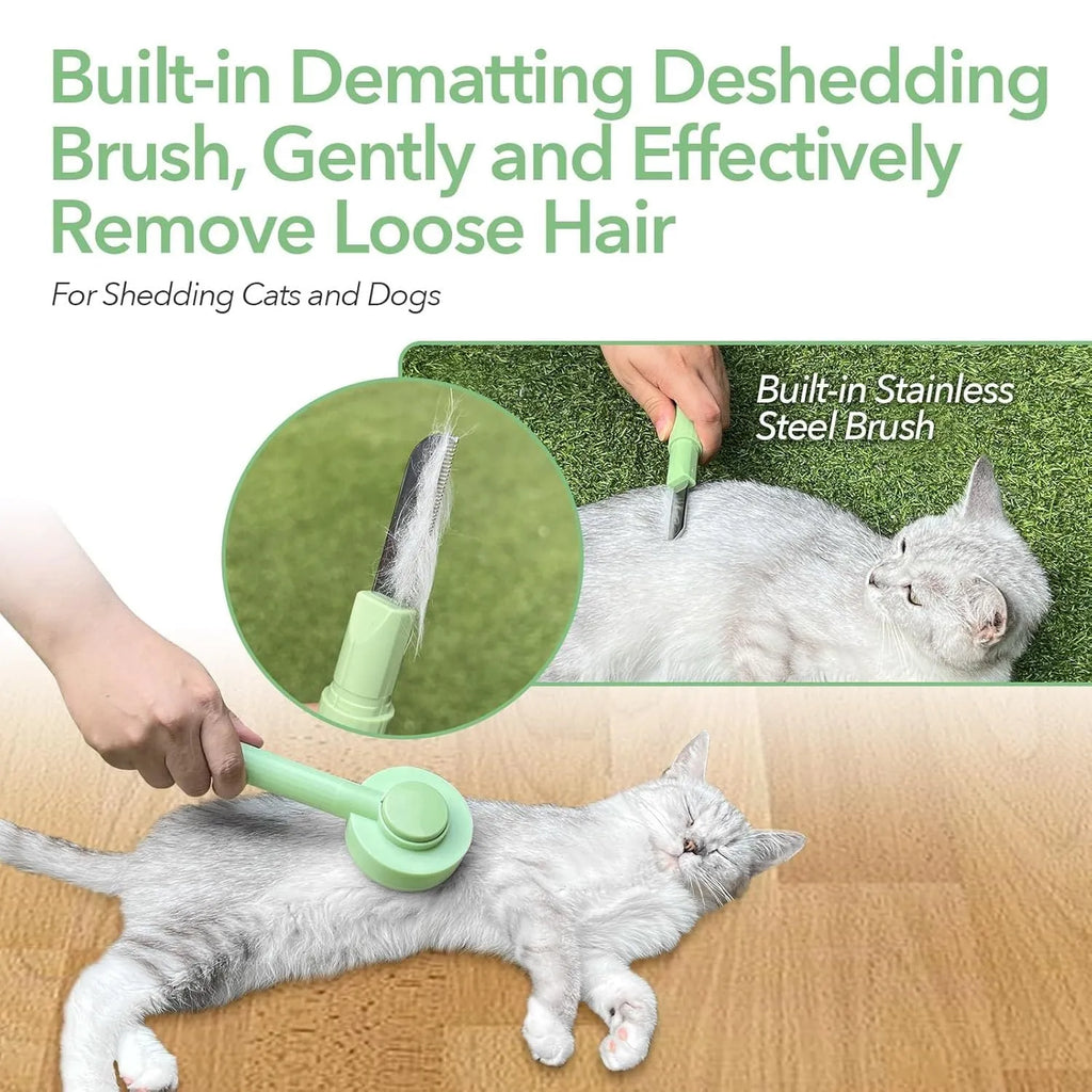 Green and yellow 2-in-1 pet grooming brush with stainless steel teeth and hanging hook