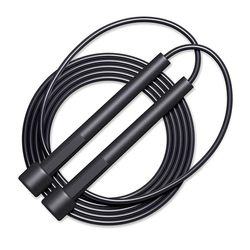Black PVC skipping rope on floor, 2.8 metres long, for fitness training