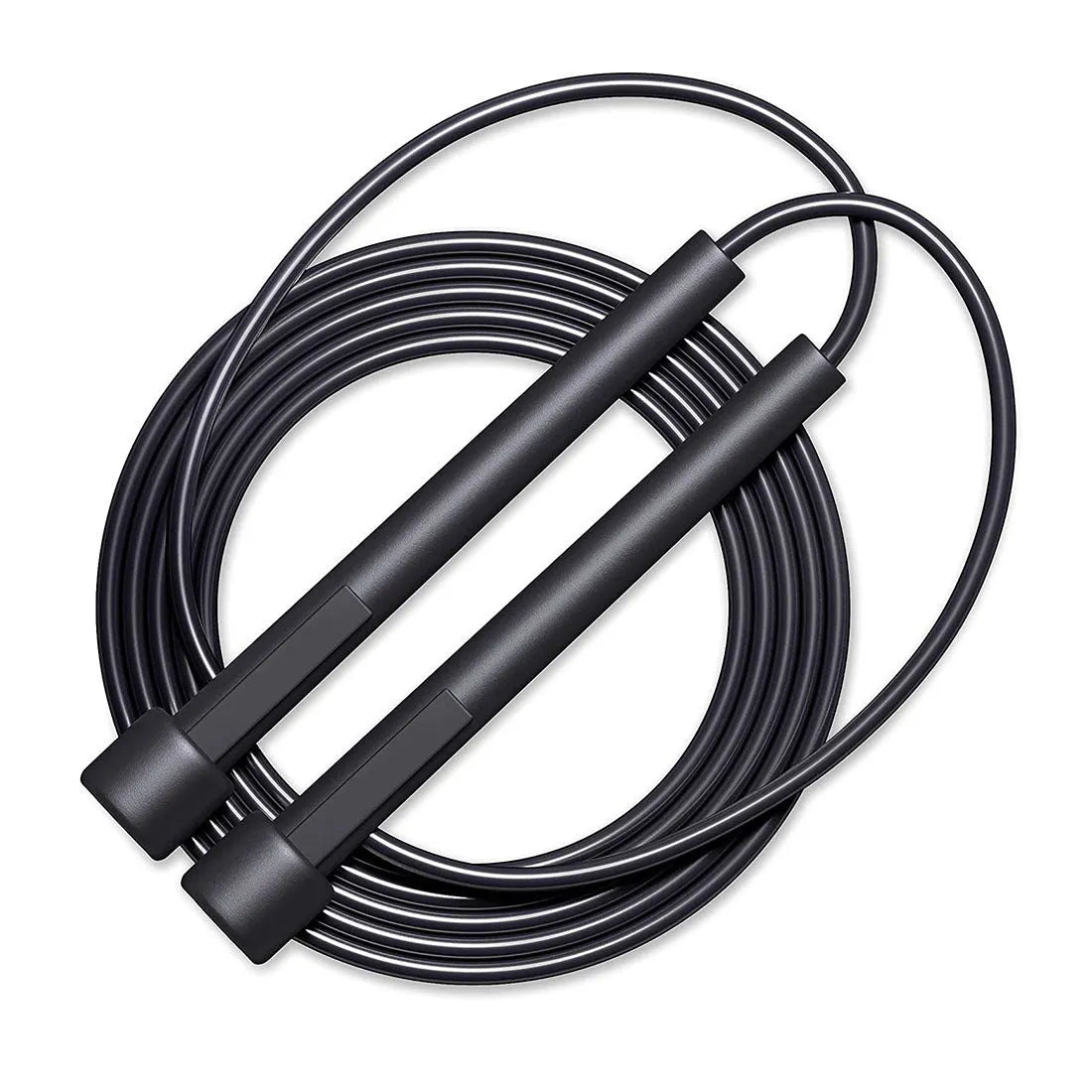Black PVC skipping rope on floor, 2.8 metres long, for fitness training