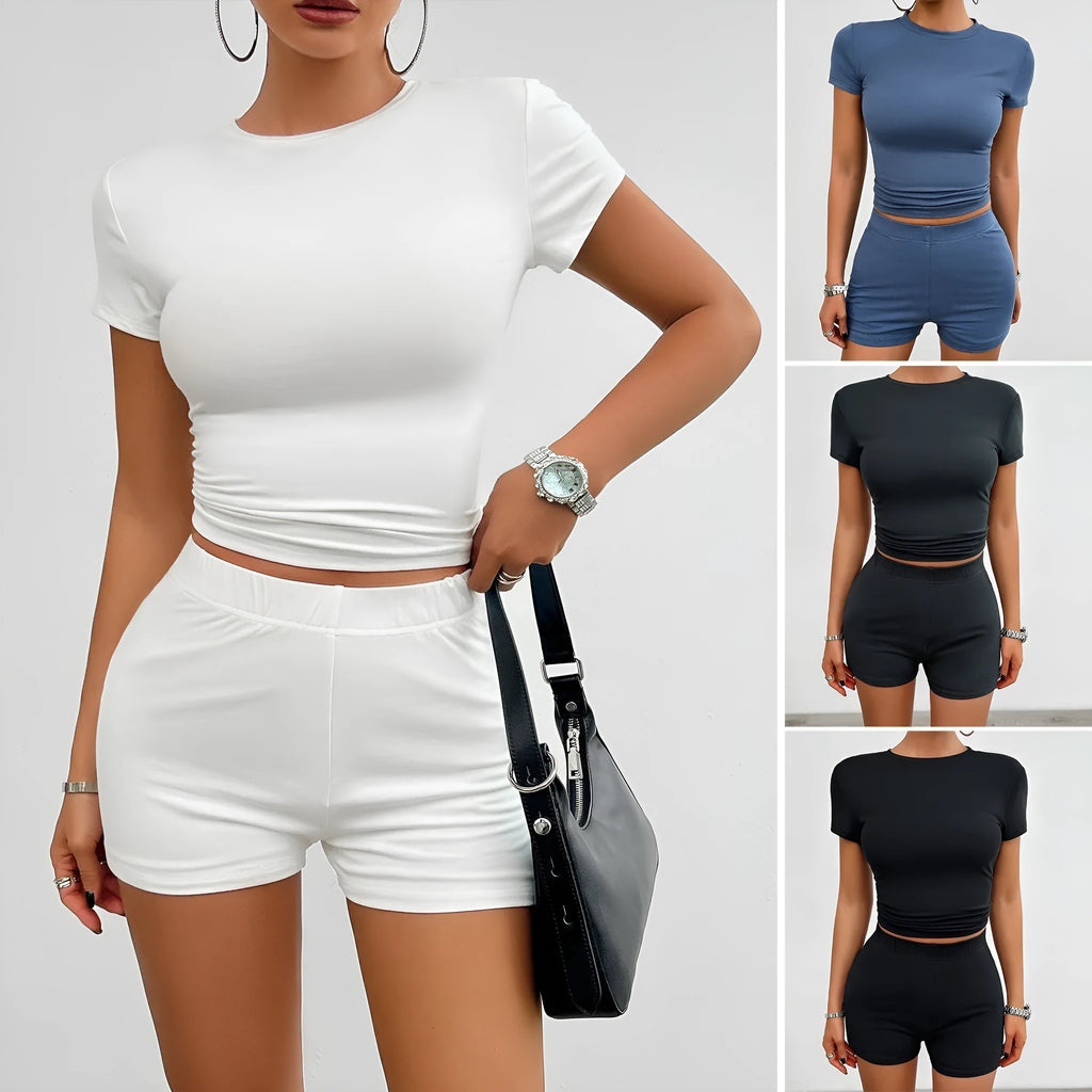 Women's solid colour viscose fibre slim-fit T-shirt and elastic shorts two-piece set.