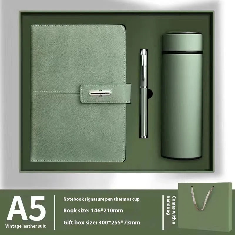 A5 notebook with PU leather cover in choice of colour, shown open on wood-free paper pages.