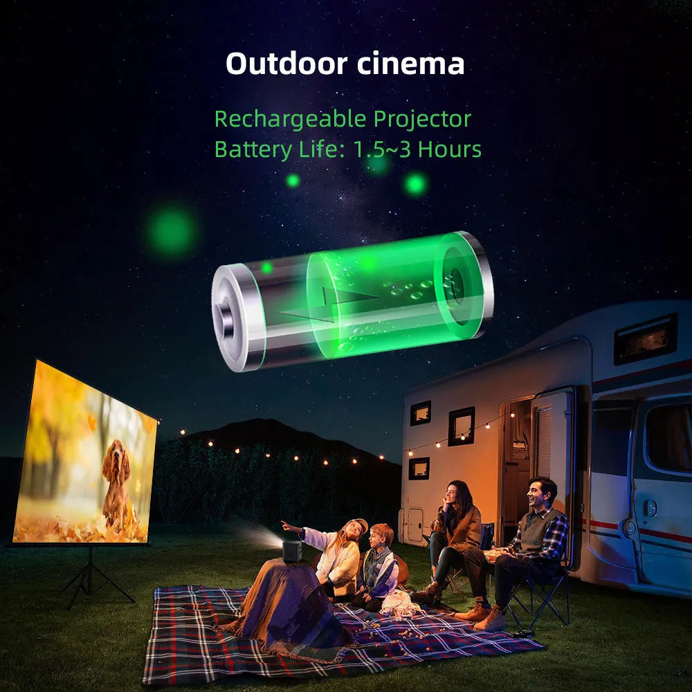 P19 mini DLP projector 82mm x 80mm x 80mm with Android 9.0, 7800mAh battery, and 30-200 inch screen