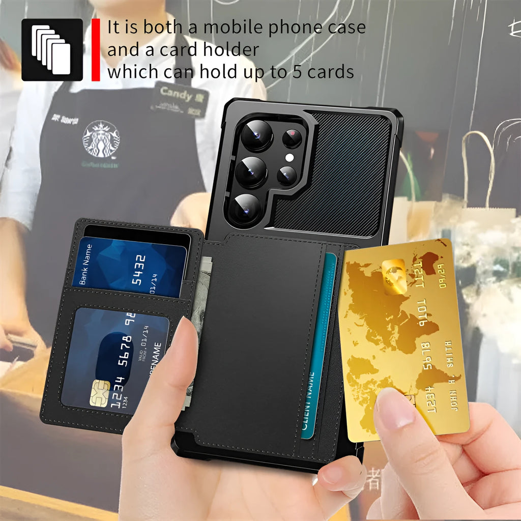 Plug-in drop-resistant car phone case for Samsung, flip style, black TPE with card slot