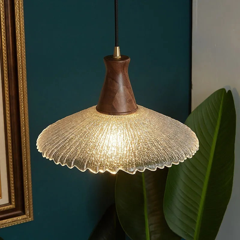 Retro brass and glass wood chandelier with wooden body, available in three sizes
