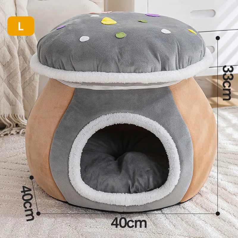 Grey mushroom-shaped plush cat bed with a detachable blanket inside, showing enclosed design.