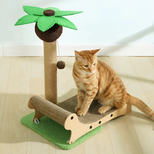 Wooden beach chair shaped cat climbing frame with integrated hemp mat scratch board.