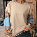 Women's loose fit plaid stitching long-sleeved top in beige or red with Japanese Korean casual style