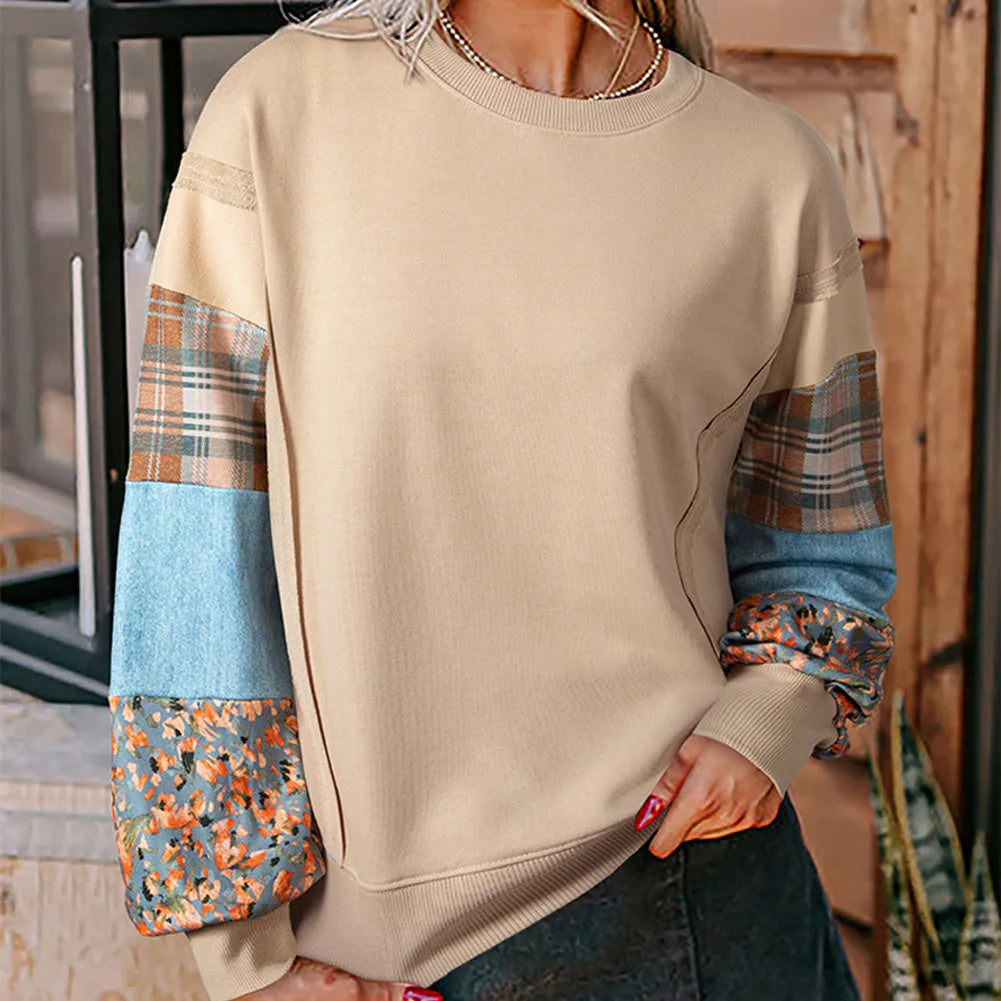 Women's loose fit plaid stitching long-sleeved top in beige or red with Japanese Korean casual style
