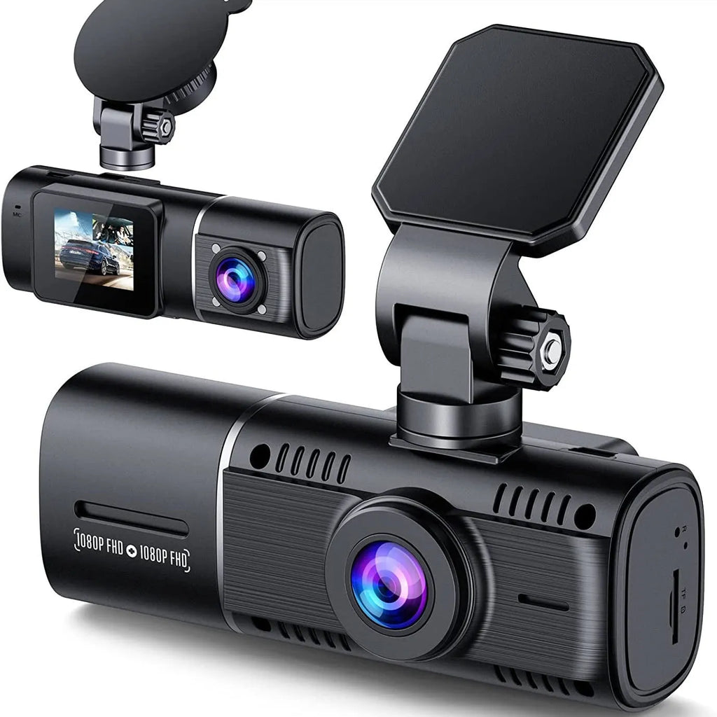 Black dual-channel dash cam with 1.5-inch screen mounted on car windscreen, showing front and rear view.