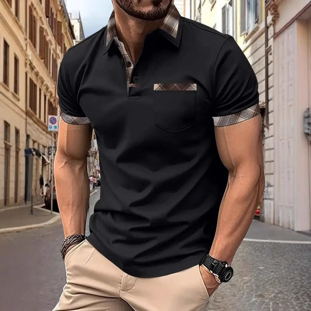 Men's loose fit plaid colourblock short sleeve t-shirt with zipper details on a neutral background.