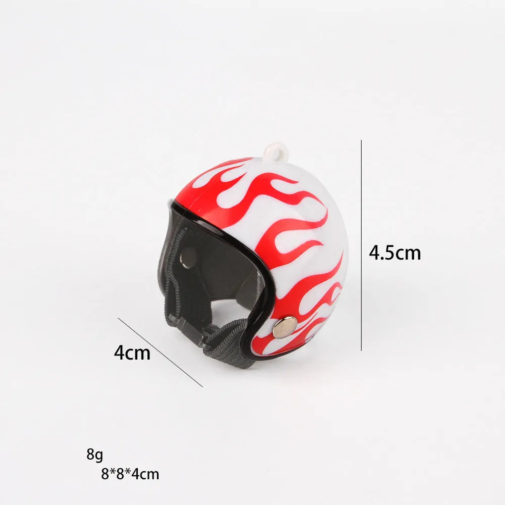 Small hard plastic pet helmet with elastic straps, shown on a chicken.