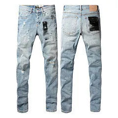 Black men's slim fit skinny jeans with a straight leg and button-fly cardigan opening.