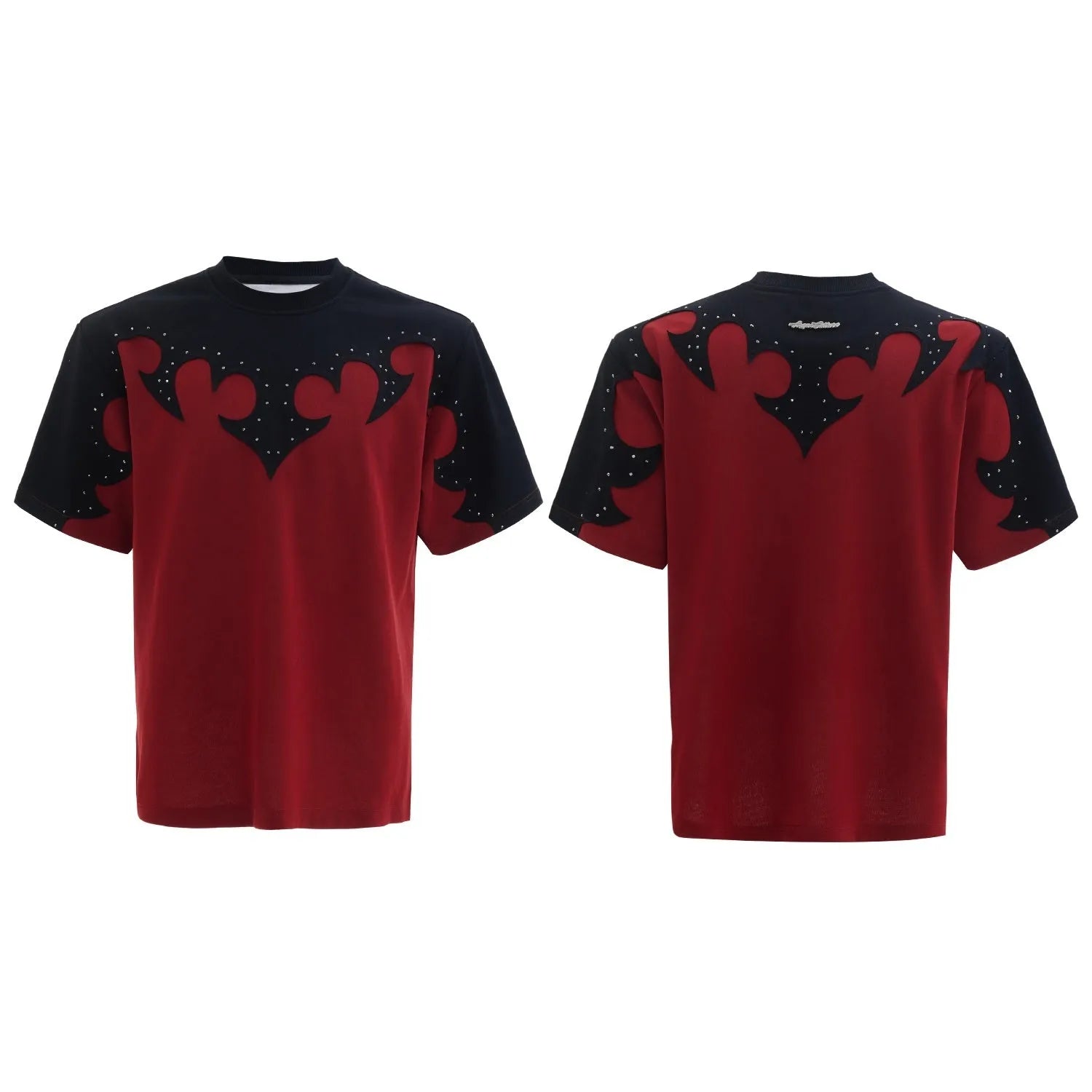 Grey men's T-shirt with raised black floral embroidery and rhinestone details on a dropped shoulder, loose-fit design.