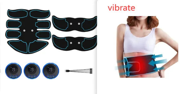 Digital abdominal muscle stimulation patch with three electrodes and colour-coded edges.