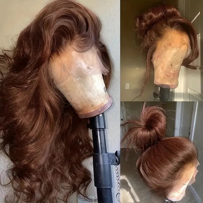 Women's dark brown long curly front lace wig with side bangs, shown on a model.