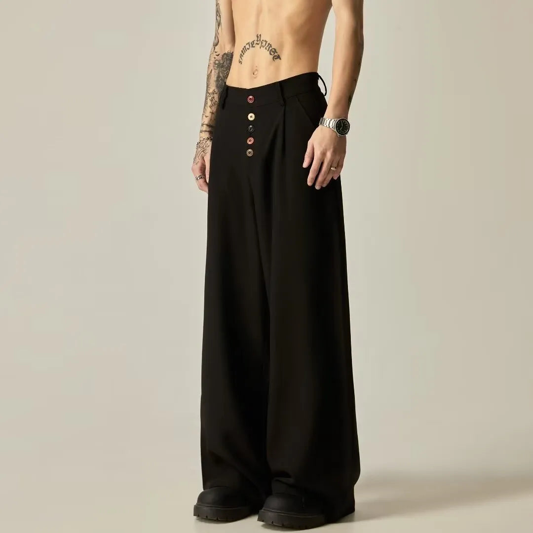 Men's solid black wide-leg casual trousers with a vertical tube cut and button fly.