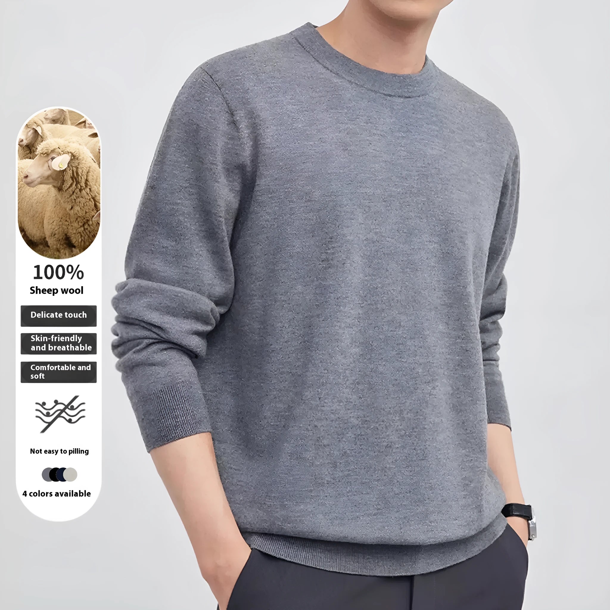 Man wearing a standard wool pullover sweater in light grey, regular fit, for autumn and winter.
