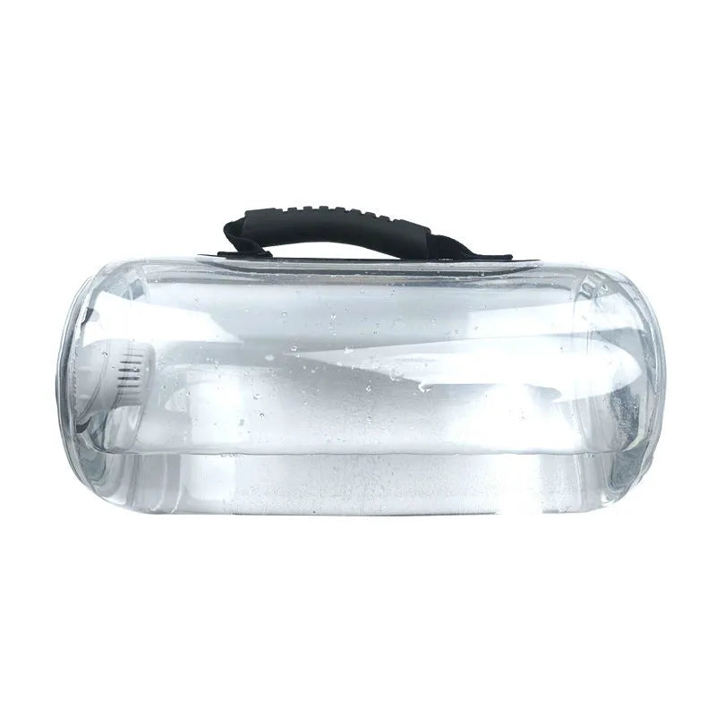 Transparent PVC inflatable water bag for weight training, showing fill valve.