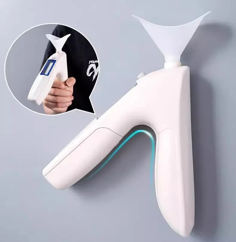 Handheld white spirometer tester with LCD screen and blowing nozzle for lung capacity measurement
